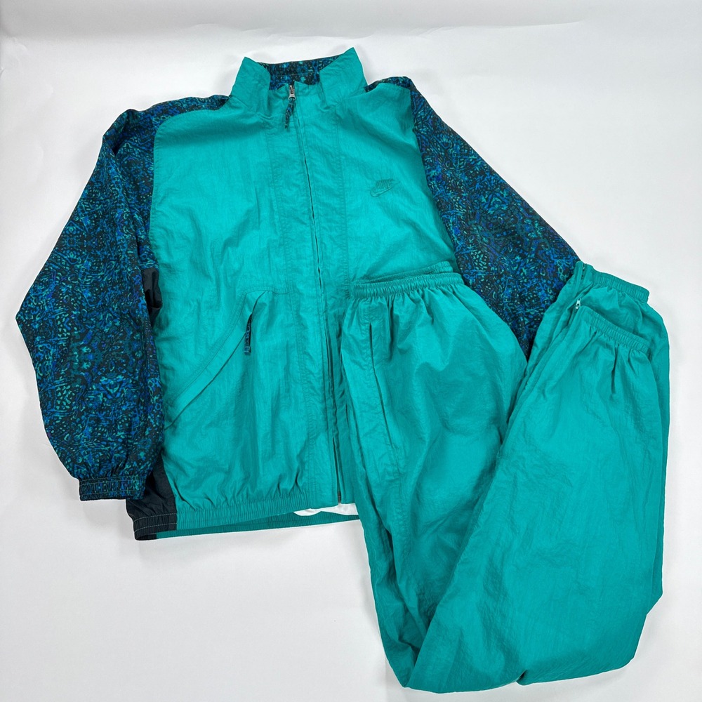 Vintage 90s Nike Tracksuit Set Womens L Teal Black Abstract Print Windbreaker